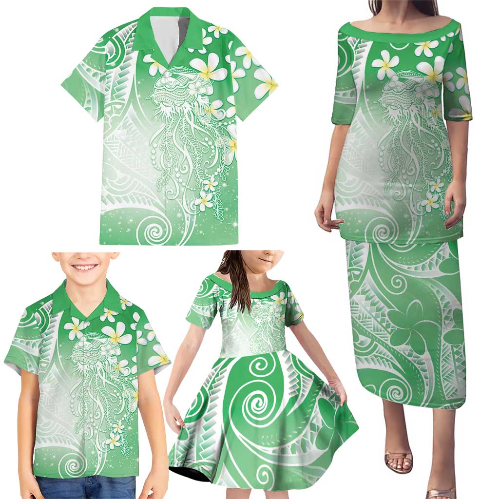 Polynesian Jellyfish Family Matching Puletasi and Hawaiian Shirt With Plumeria Green LT05 - Polynesian Pride