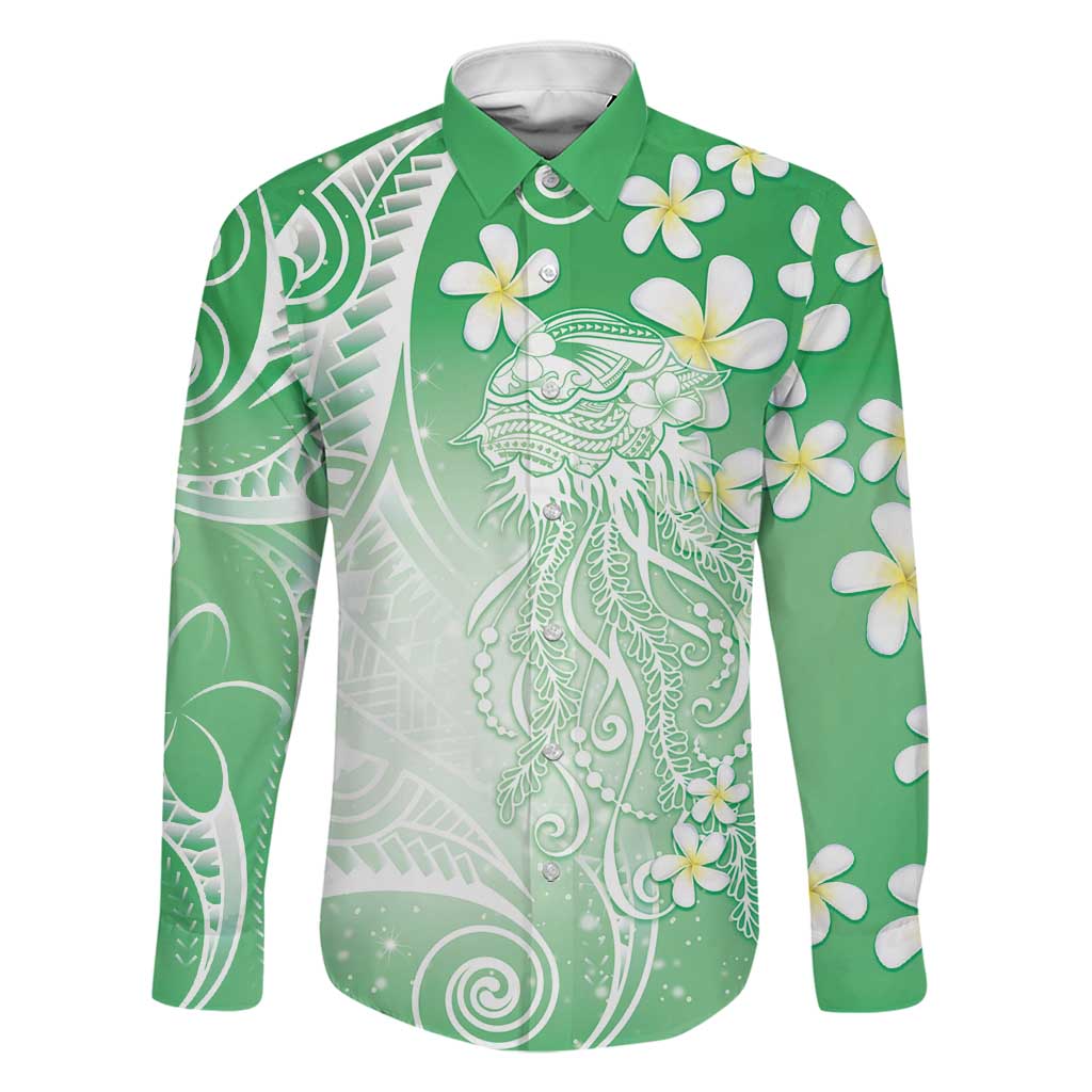Polynesian Jellyfish Family Matching Puletasi and Hawaiian Shirt With Plumeria Green LT05 Dad's Shirt - Long Sleeve Green - Polynesian Pride