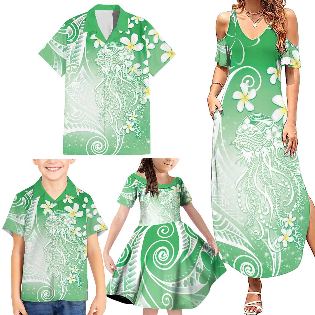 Polynesian Jellyfish Family Matching Summer Maxi Dress and Hawaiian Shirt With Plumeria Green LT05 - Polynesian Pride