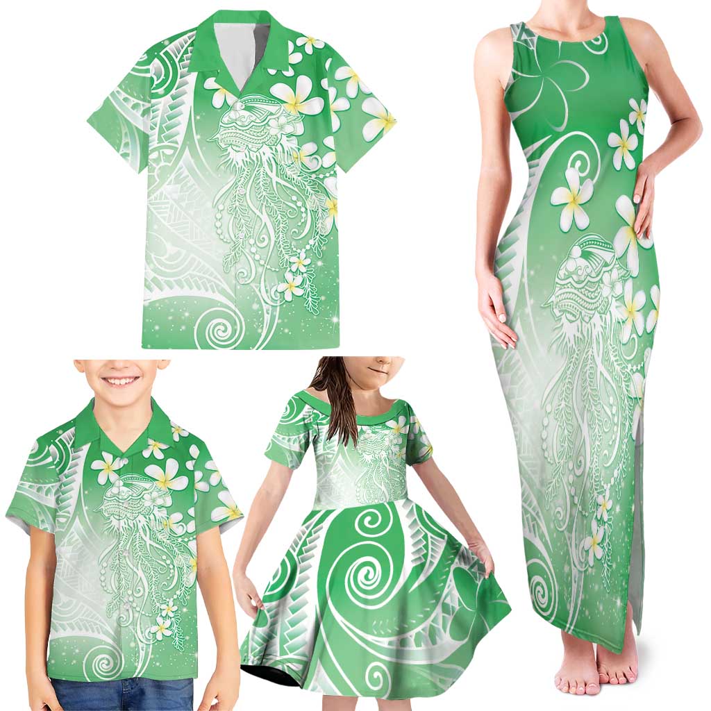 Polynesian Jellyfish Family Matching Tank Maxi Dress and Hawaiian Shirt With Plumeria Green LT05 - Polynesian Pride