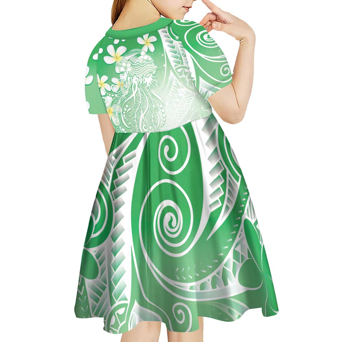 Polynesian Jellyfish Kid Short Sleeve Dress With Plumeria Green