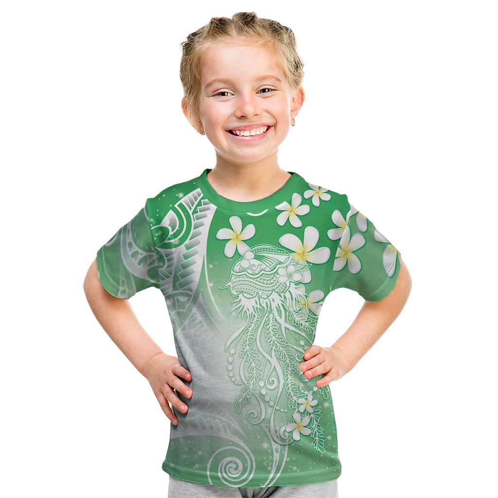 Polynesian Jellyfish Kid T Shirt With Plumeria Green LT05 Green - Polynesian Pride
