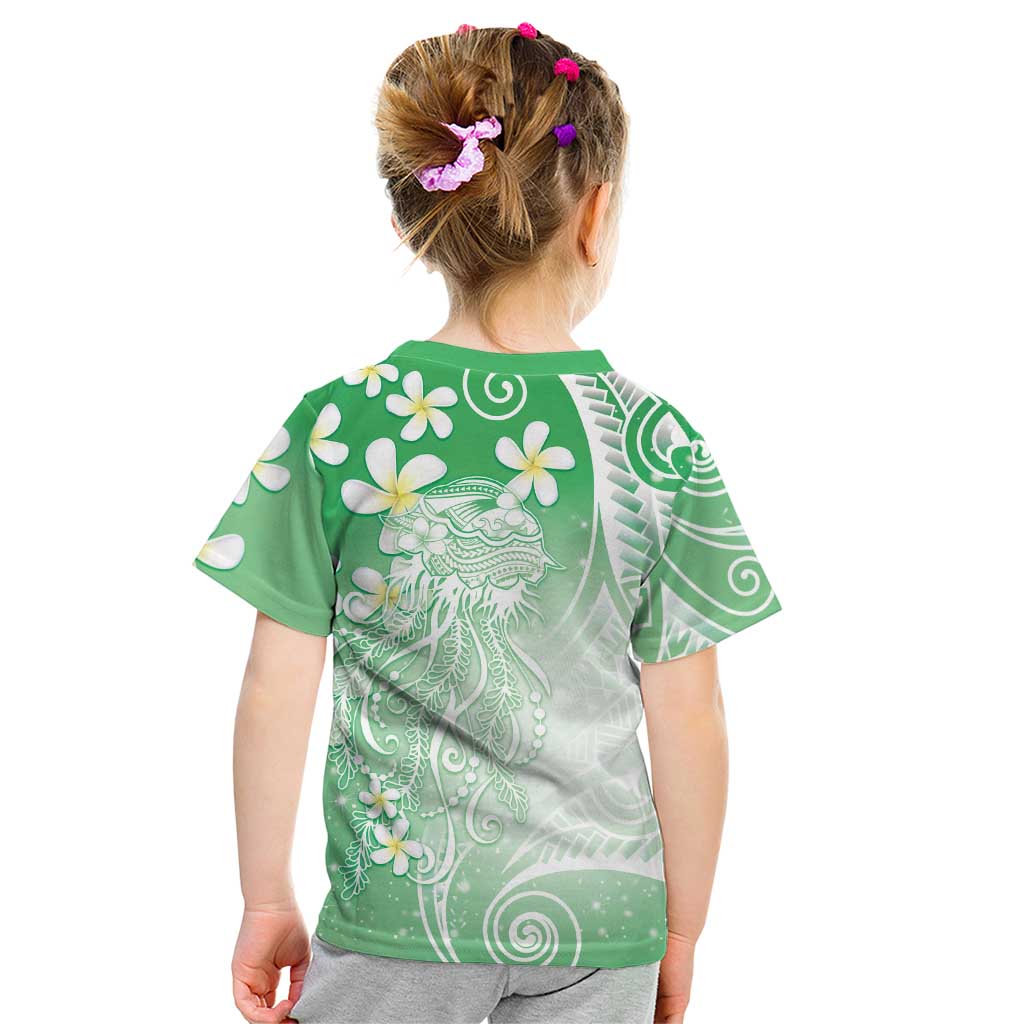 Polynesian Jellyfish Kid T Shirt With Plumeria Green LT05 - Polynesian Pride
