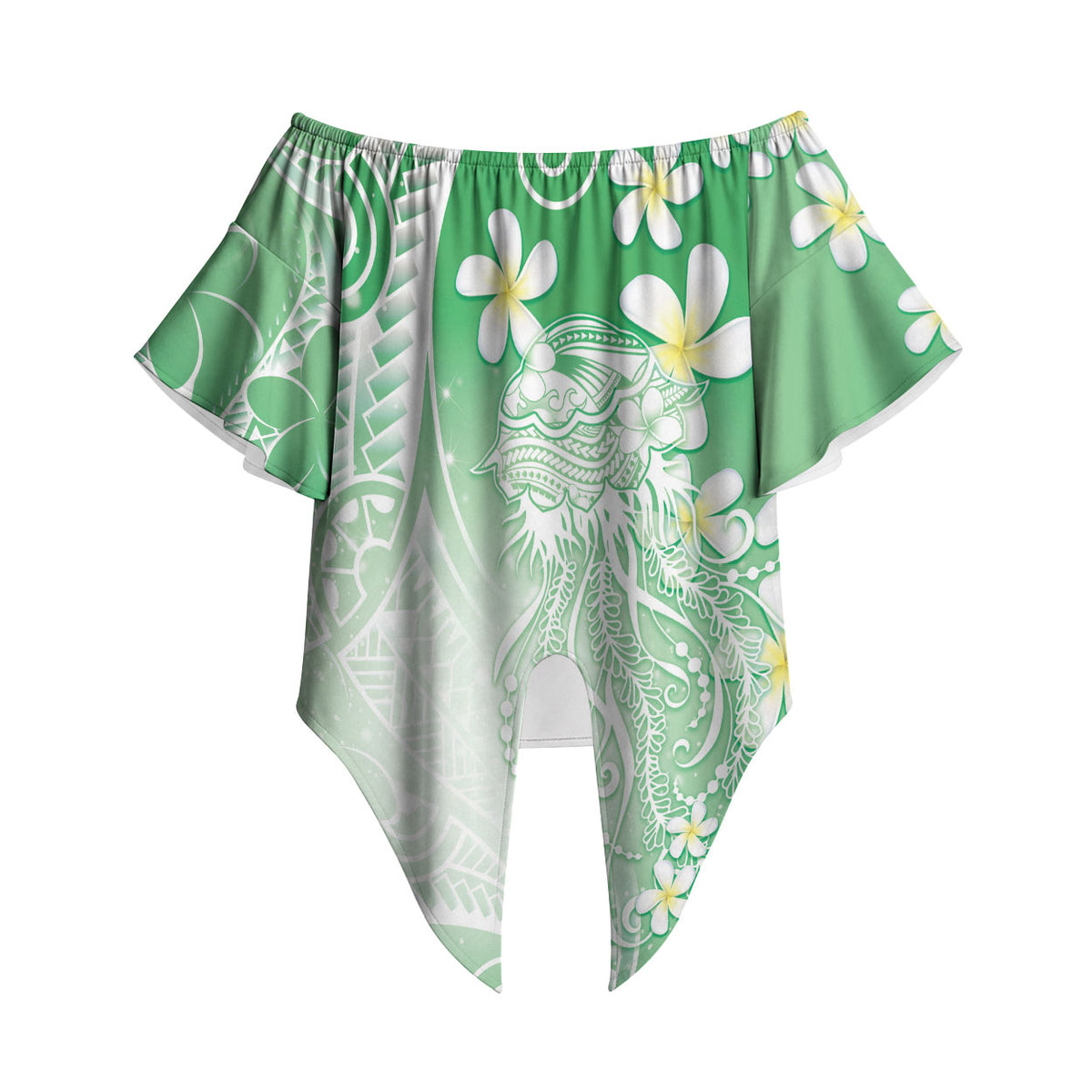 Polynesian Jellyfish Off Shoulder Wrap Waist Top With Plumeria Green LT05 Green - Polynesian Pride
