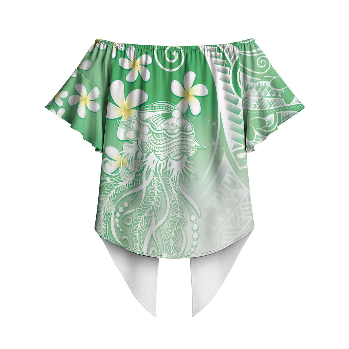 Polynesian Jellyfish Off Shoulder Wrap Waist Top With Plumeria Green LT05 - Polynesian Pride