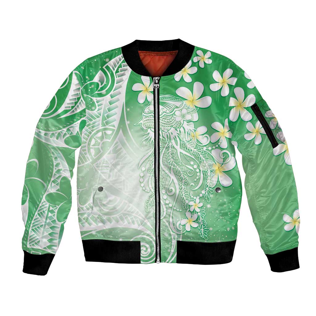 Polynesian Jellyfish Sleeve Zip Bomber Jacket With Plumeria Green