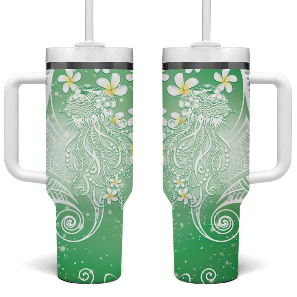 Polynesian Jellyfish Tumbler With Handle With Plumeria Green LT05 One Size: 40 oz Green - Polynesian Pride