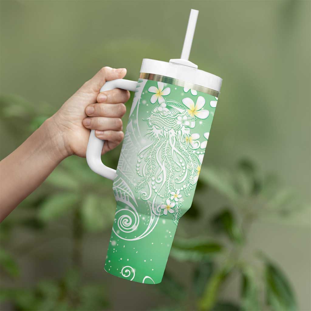 Polynesian Jellyfish Tumbler With Handle With Plumeria Green LT05 - Polynesian Pride