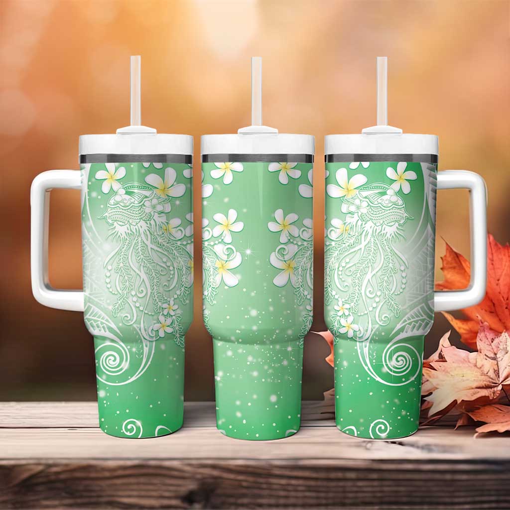 Polynesian Jellyfish Tumbler With Handle With Plumeria Green LT05 - Polynesian Pride