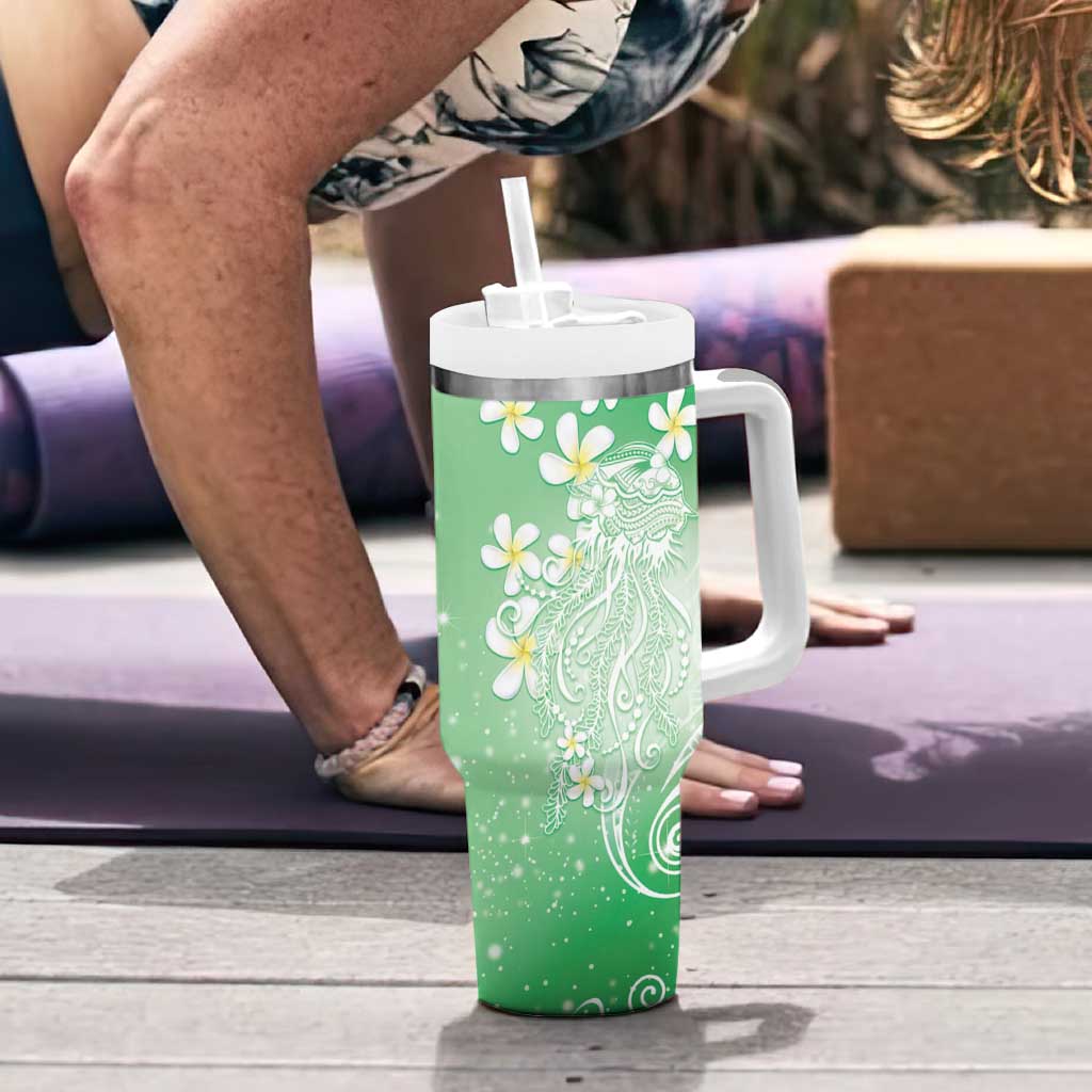 Polynesian Jellyfish Tumbler With Handle With Plumeria Green LT05 - Polynesian Pride