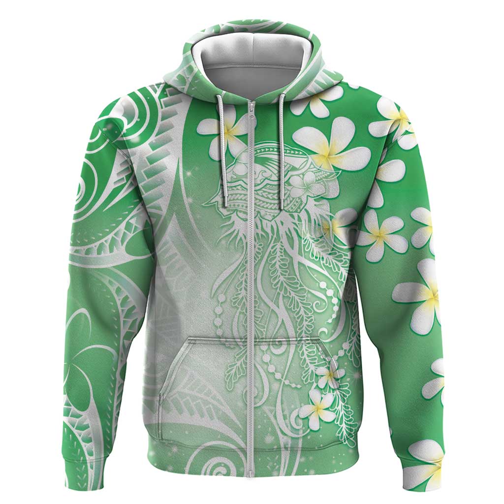 Polynesian Jellyfish Zip Hoodie With Plumeria Green LT05 Zip Hoodie Green - Polynesian Pride