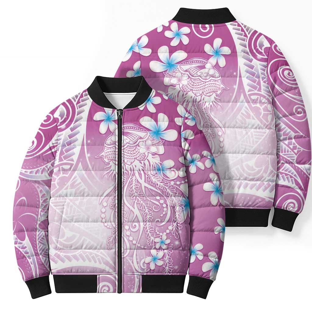 Polynesian Jellyfish Bomber Puffer Jacket With Plumeria Pink