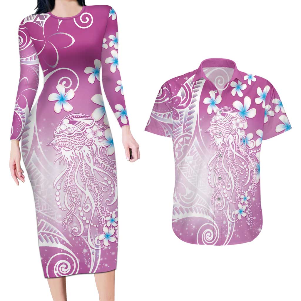 Polynesian Jellyfish Couples Matching Long Sleeve Bodycon Dress and Hawaiian Shirt With Plumeria Pink LT05 Pink - Polynesian Pride