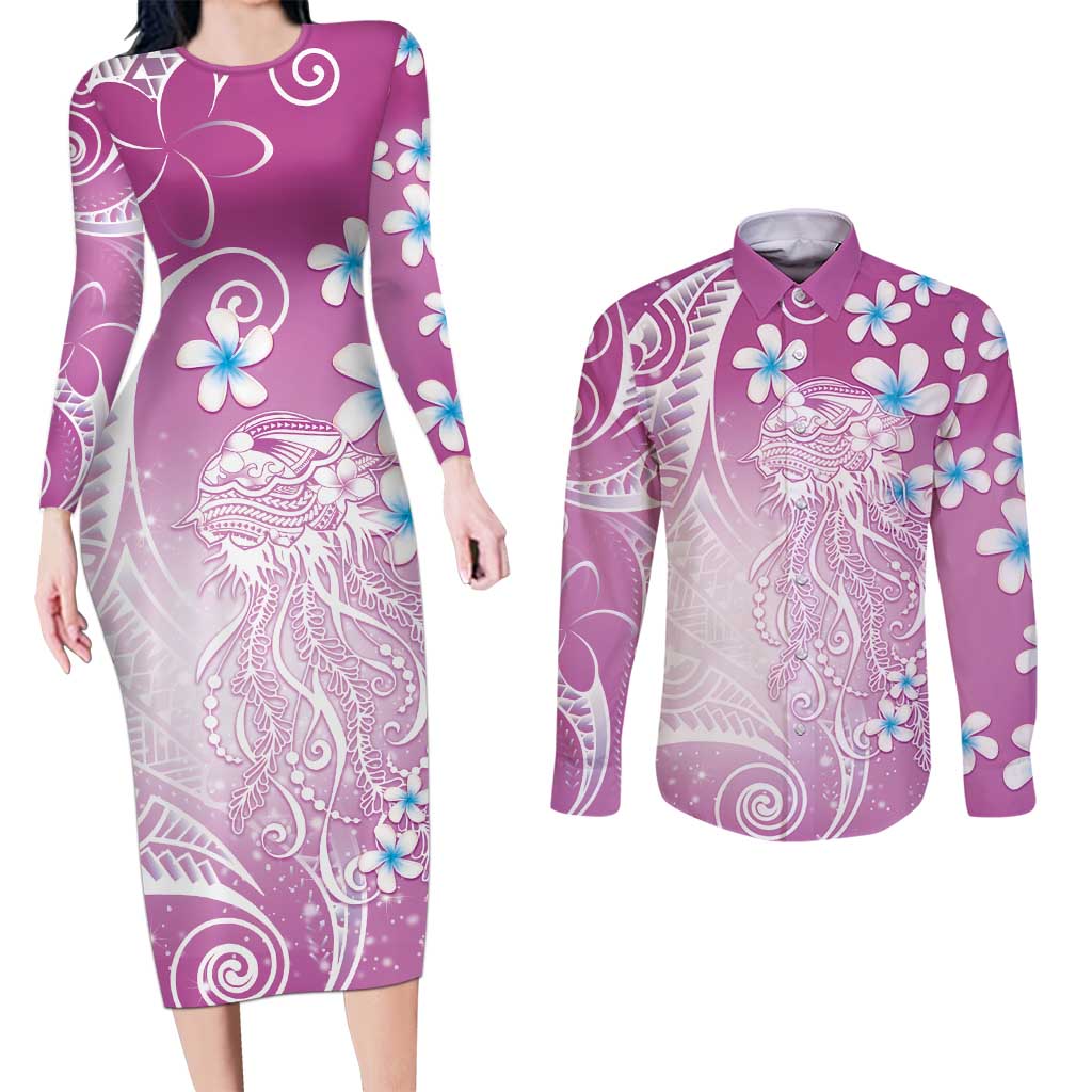 Polynesian Jellyfish Couples Matching Long Sleeve Bodycon Dress and Long Sleeve Button Shirt With Plumeria Pink LT05 Pink - Polynesian Pride