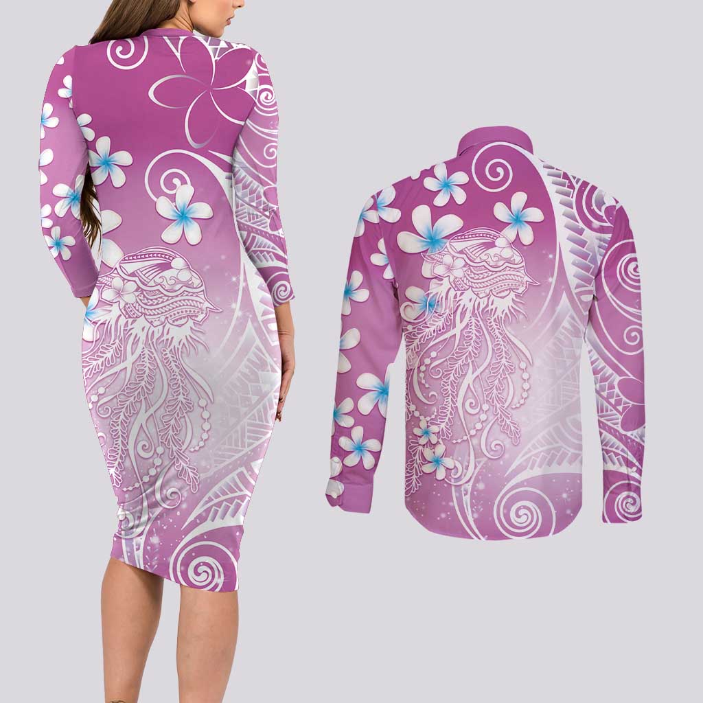 Polynesian Jellyfish Couples Matching Long Sleeve Bodycon Dress and Long Sleeve Button Shirt With Plumeria Pink LT05 - Polynesian Pride