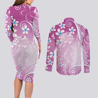 Polynesian Jellyfish Couples Matching Long Sleeve Bodycon Dress and Long Sleeve Button Shirt With Plumeria Pink LT05 - Polynesian Pride