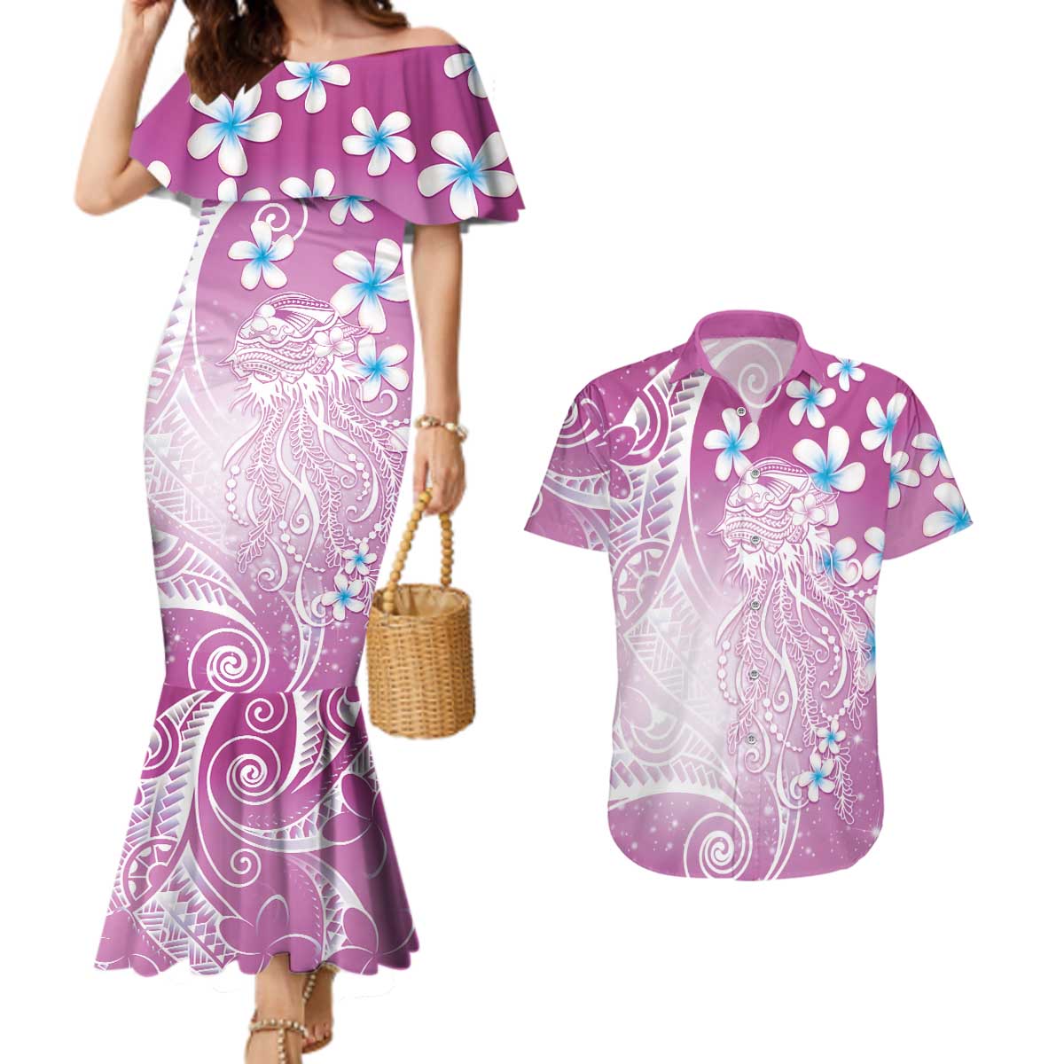 Polynesian Jellyfish Couples Matching Mermaid Dress and Hawaiian Shirt With Plumeria Pink