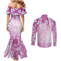 Polynesian Jellyfish Couples Matching Mermaid Dress and Long Sleeve Button Shirt With Plumeria Pink LT05 - Polynesian Pride