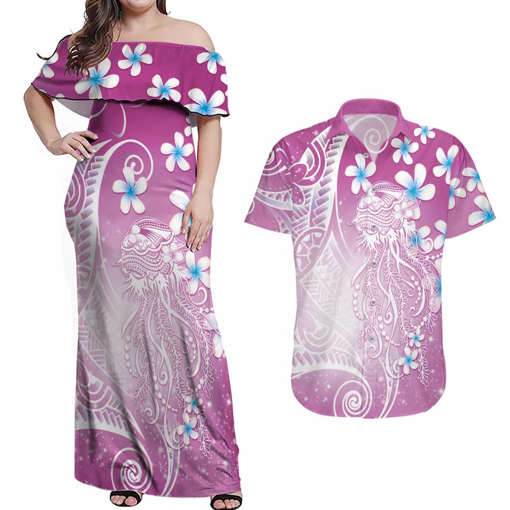 Polynesian Jellyfish Couples Matching Off Shoulder Maxi Dress and Hawaiian Shirt With Plumeria Pink LT05 Pink - Polynesian Pride