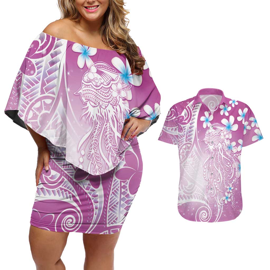 Polynesian Jellyfish Couples Matching Off Shoulder Short Dress and Hawaiian Shirt With Plumeria Pink LT05 Pink - Polynesian Pride