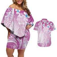 Polynesian Jellyfish Couples Matching Off Shoulder Short Dress and Hawaiian Shirt With Plumeria Pink LT05 Pink - Polynesian Pride