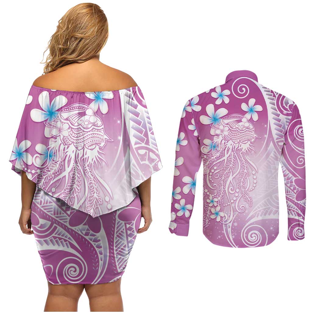 Polynesian Jellyfish Couples Matching Off Shoulder Short Dress and Long Sleeve Button Shirt With Plumeria Pink