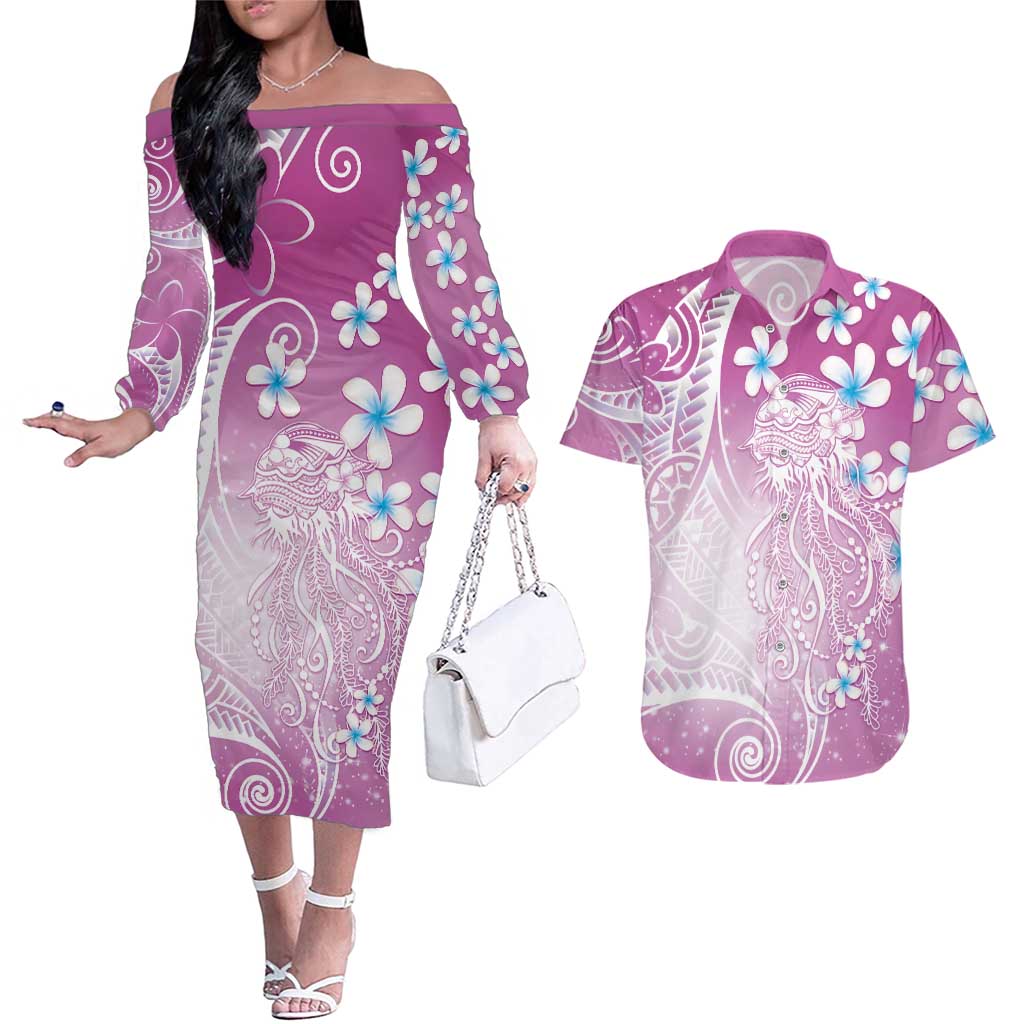 Polynesian Jellyfish Couples Matching Off The Shoulder Long Sleeve Dress and Hawaiian Shirt With Plumeria Pink