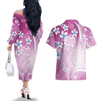 Polynesian Jellyfish Couples Matching Off The Shoulder Long Sleeve Dress and Hawaiian Shirt With Plumeria Pink LT05 - Polynesian Pride