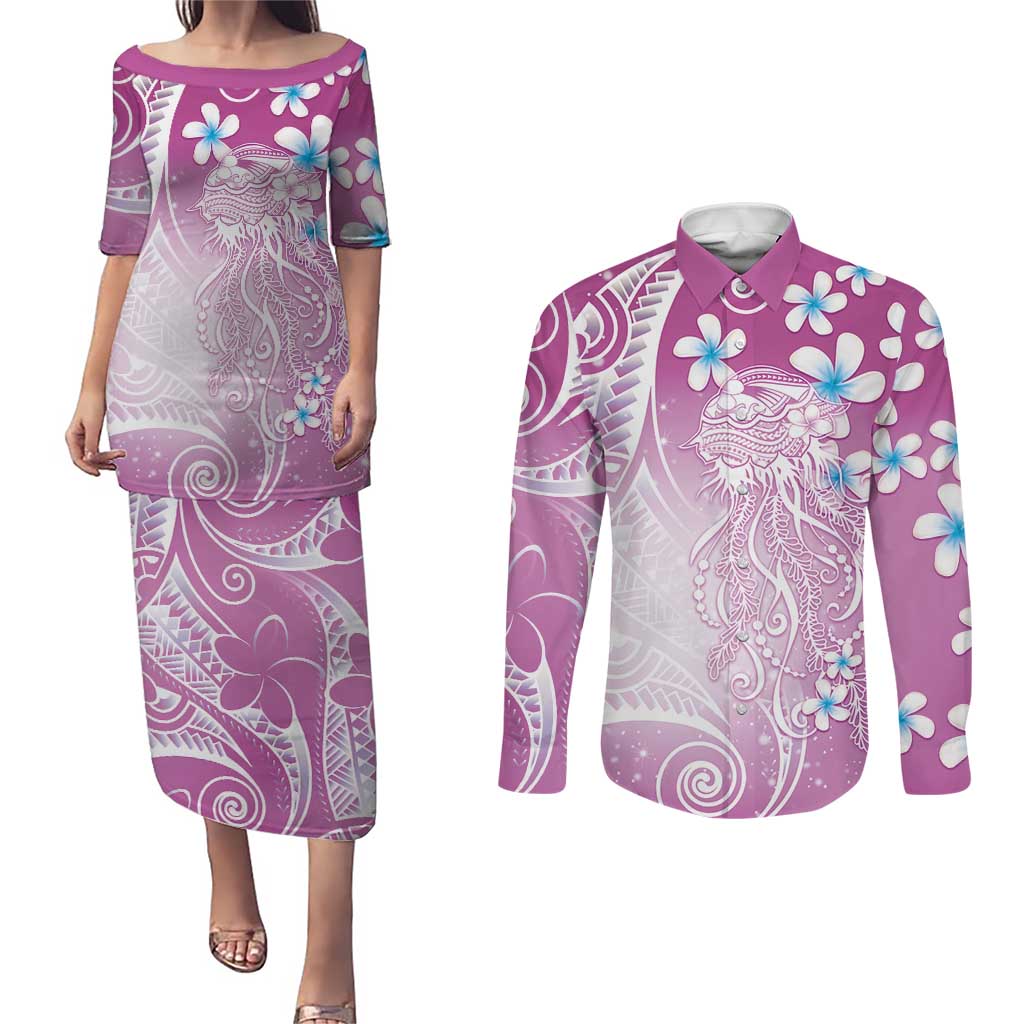 Polynesian Jellyfish Couples Matching Puletasi and Long Sleeve Button Shirt With Plumeria Pink LT05 Pink - Polynesian Pride