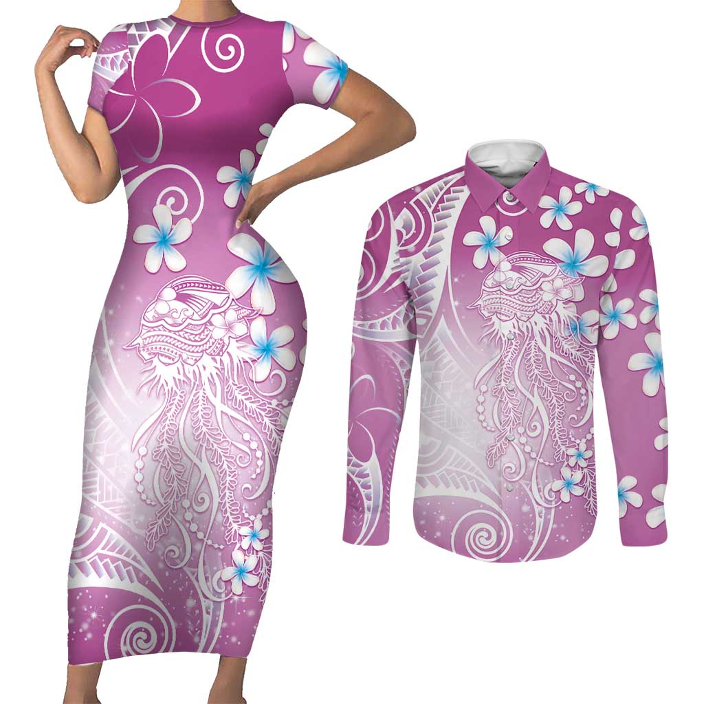 Polynesian Jellyfish Couples Matching Short Sleeve Bodycon Dress and Long Sleeve Button Shirt With Plumeria Pink LT05 Pink - Polynesian Pride