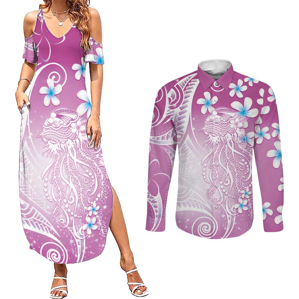 Polynesian Jellyfish Couples Matching Summer Maxi Dress and Long Sleeve Button Shirt With Plumeria Pink LT05 Pink - Polynesian Pride