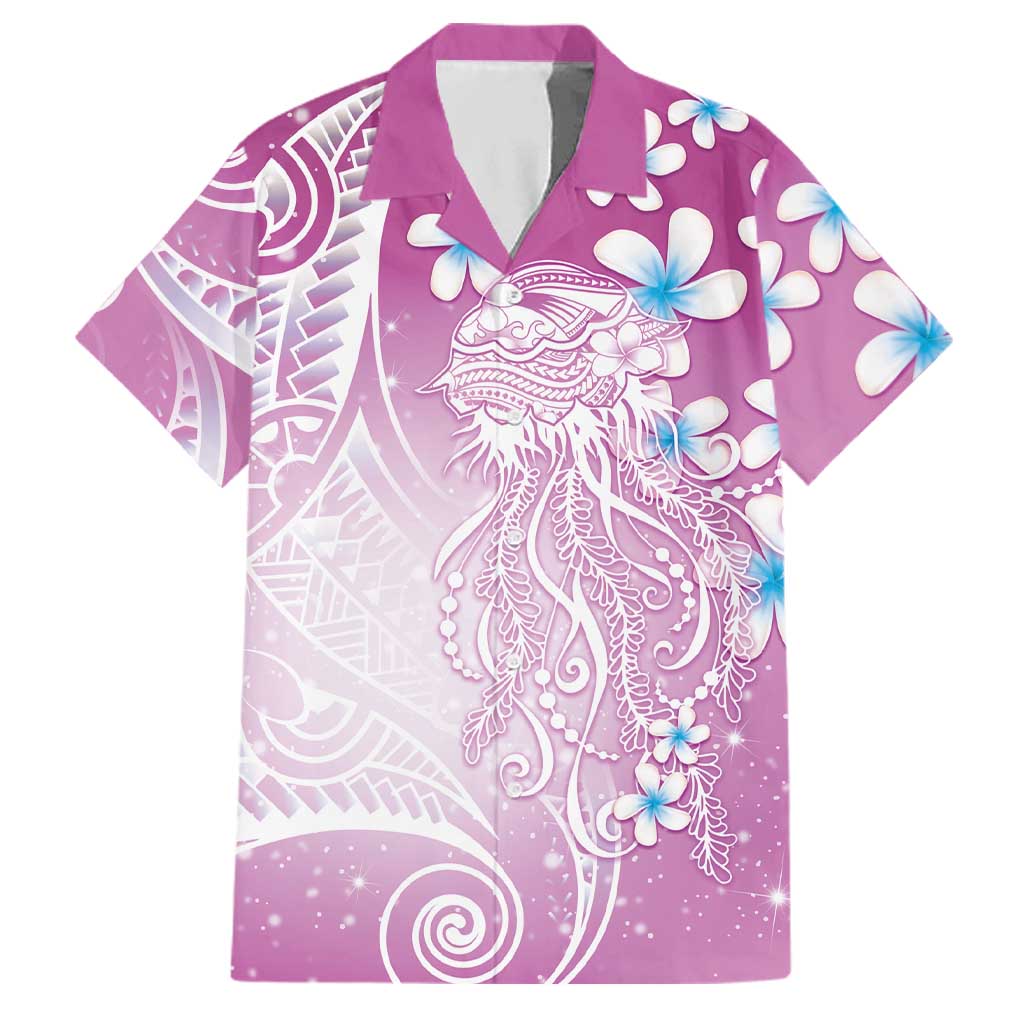 Polynesian Jellyfish Family Matching Long Sleeve Bodycon Dress and Hawaiian Shirt With Plumeria Pink LT05 Dad's Shirt - Short Sleeve Pink - Polynesian Pride