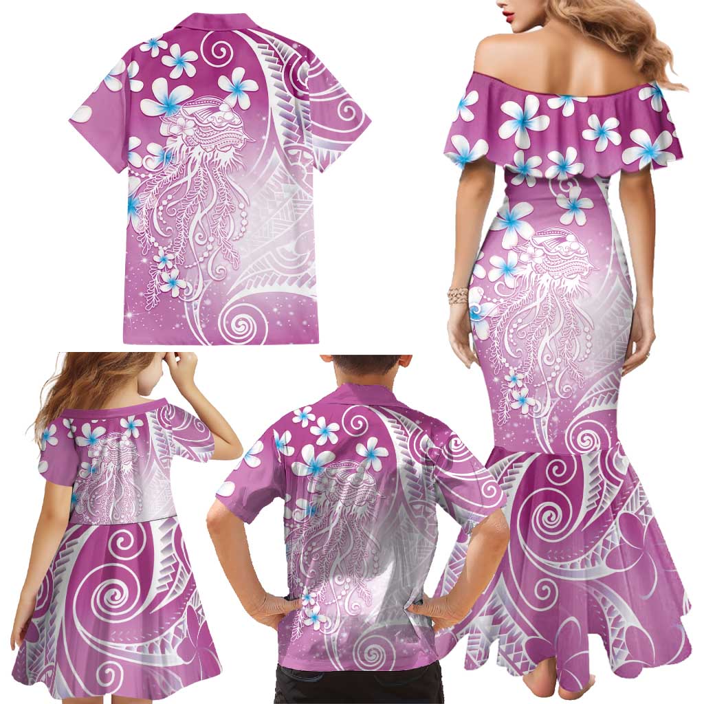 Polynesian Jellyfish Family Matching Mermaid Dress and Hawaiian Shirt With Plumeria Pink LT05 - Polynesian Pride
