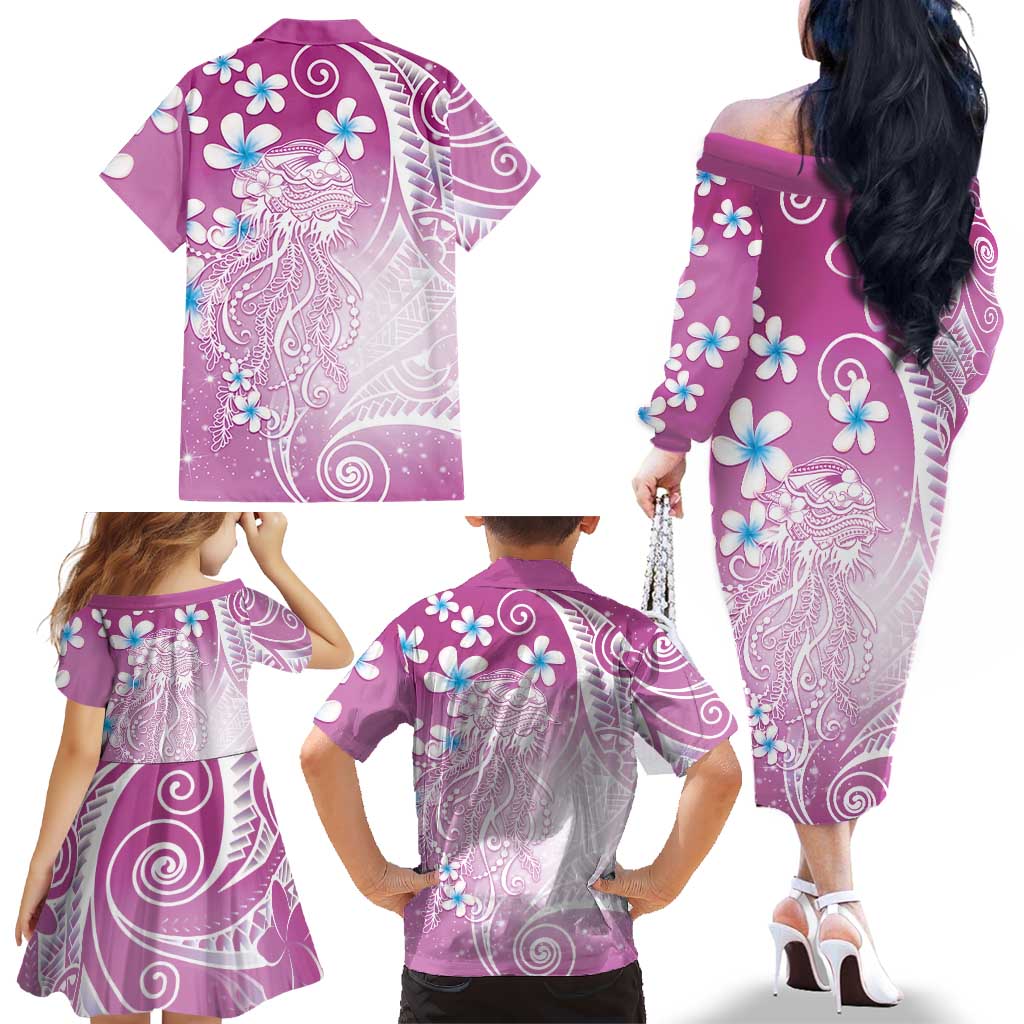 Polynesian Jellyfish Family Matching Off The Shoulder Long Sleeve Dress and Hawaiian Shirt With Plumeria Pink LT05 - Polynesian Pride