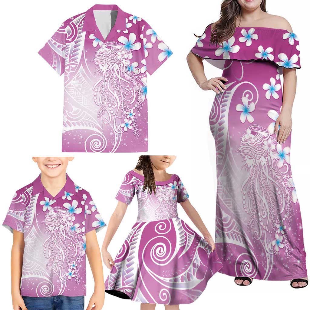 Polynesian Jellyfish Family Matching Off Shoulder Maxi Dress and Hawaiian Shirt With Plumeria Pink LT05 - Polynesian Pride