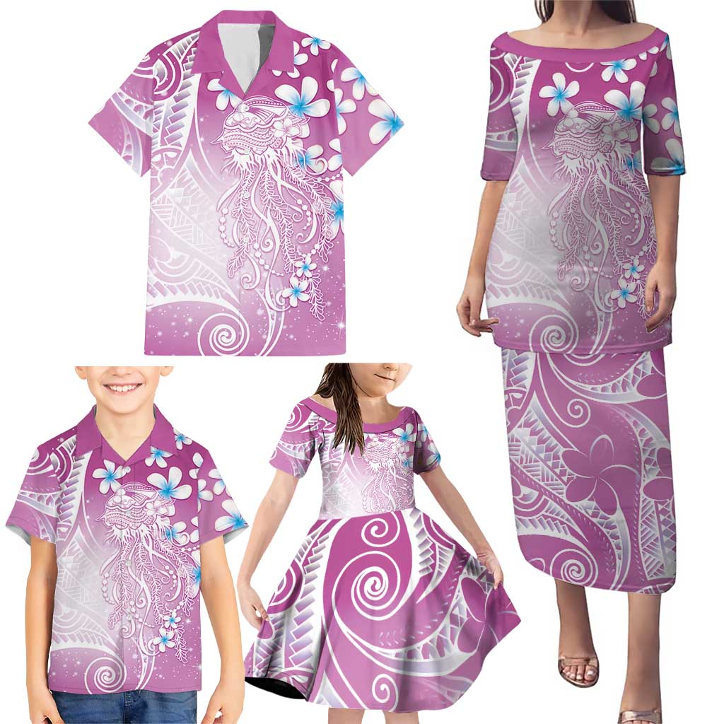 Polynesian Jellyfish Family Matching Puletasi and Hawaiian Shirt With Plumeria Pink