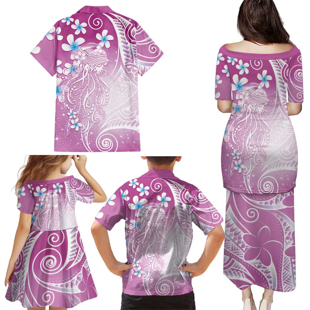 Polynesian Jellyfish Family Matching Puletasi and Hawaiian Shirt With Plumeria Pink LT05 - Polynesian Pride