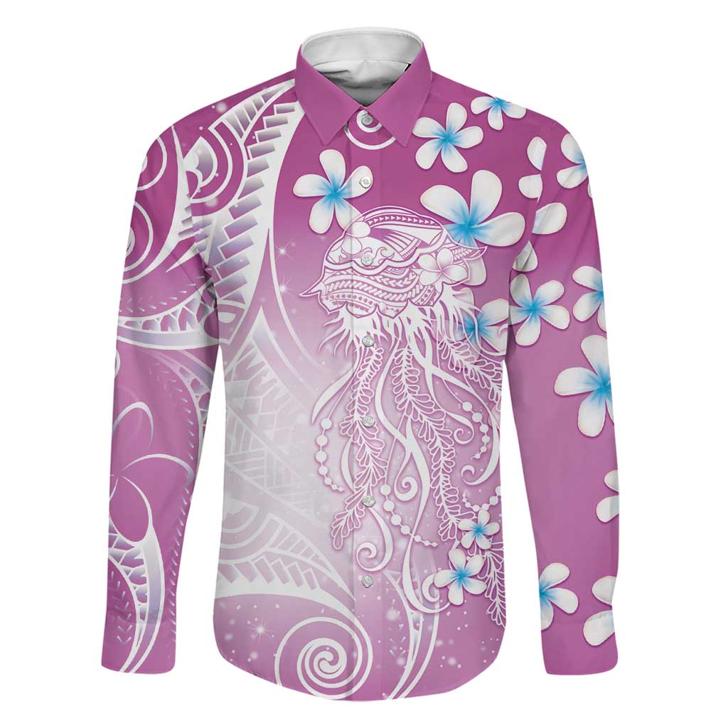 Polynesian Jellyfish Family Matching Puletasi and Hawaiian Shirt With Plumeria Pink LT05 Dad's Shirt - Long Sleeve Pink - Polynesian Pride