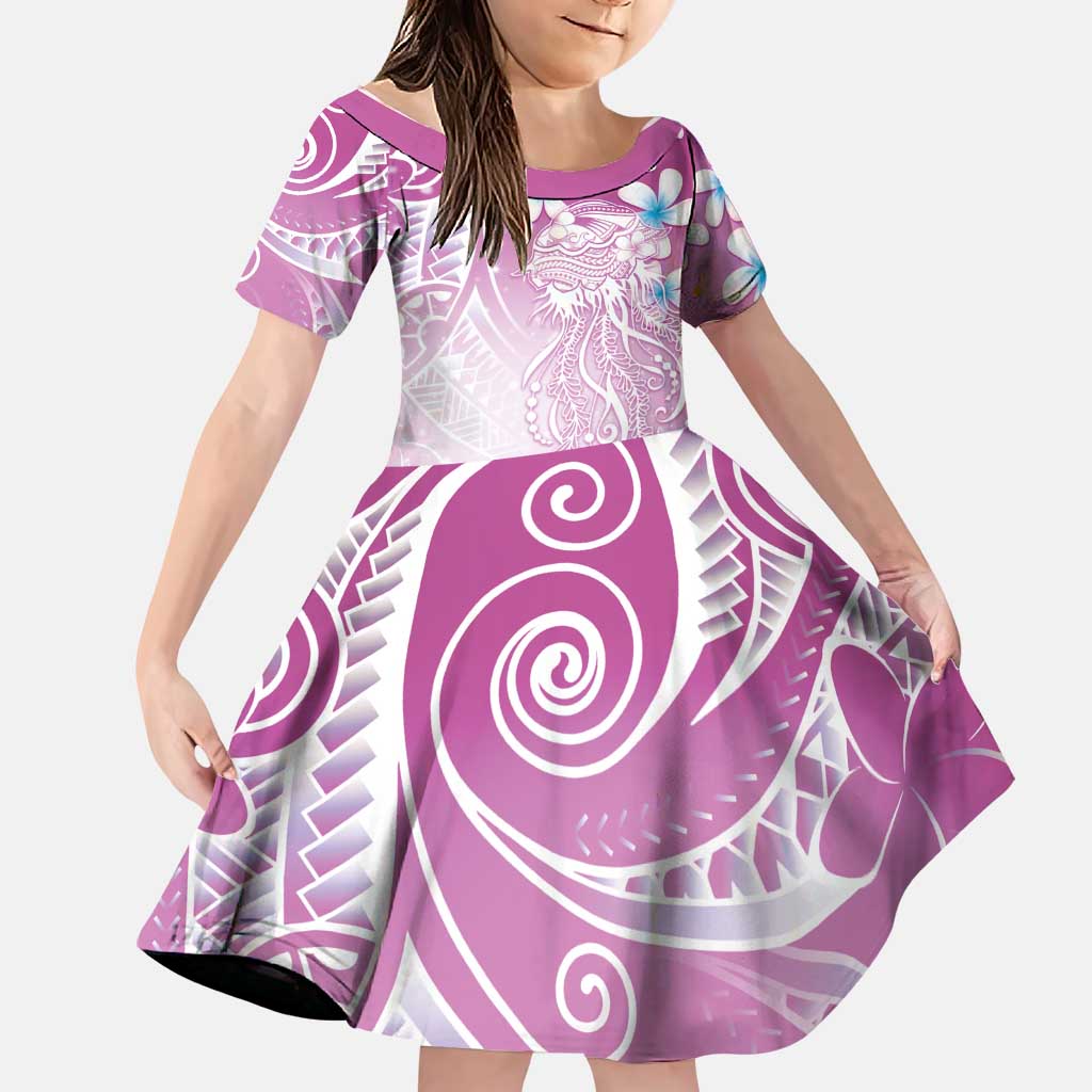 Polynesian Jellyfish Family Matching Summer Maxi Dress and Hawaiian Shirt With Plumeria Pink LT05 Daughter's Dress Pink - Polynesian Pride