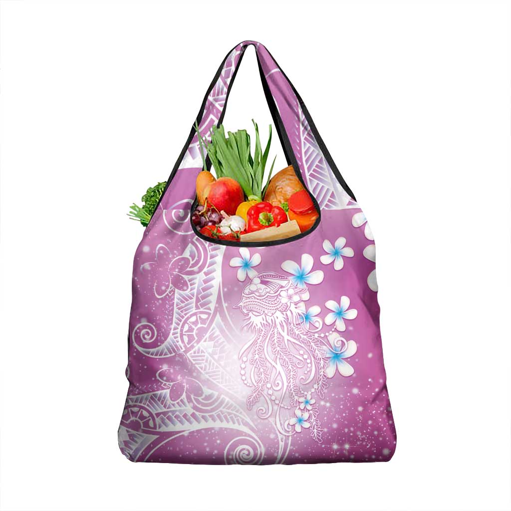 Polynesian Jellyfish Grocery Bag With Plumeria Pink