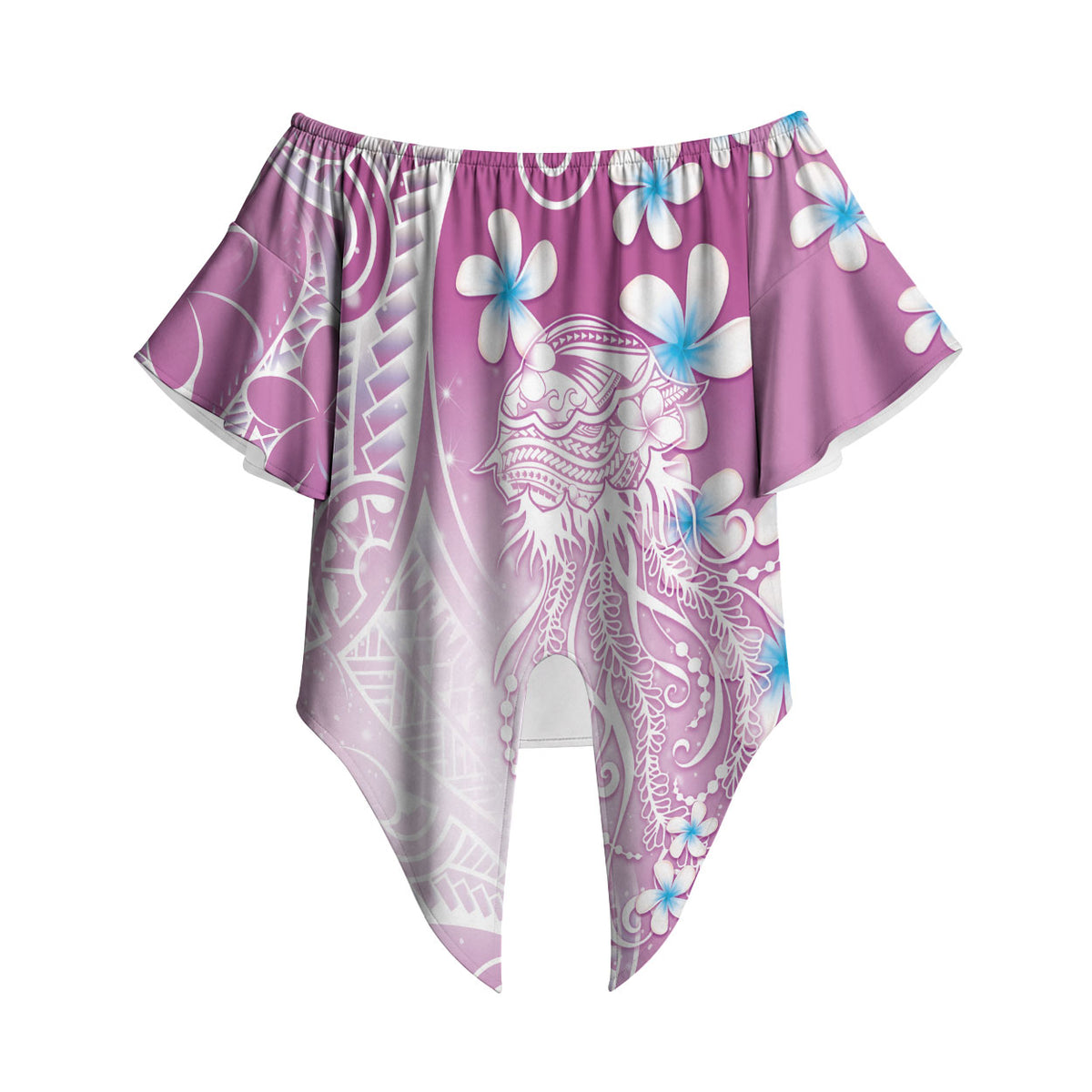 Polynesian Jellyfish Off Shoulder Wrap Waist Top With Plumeria Pink LT05 Pink - Polynesian Pride