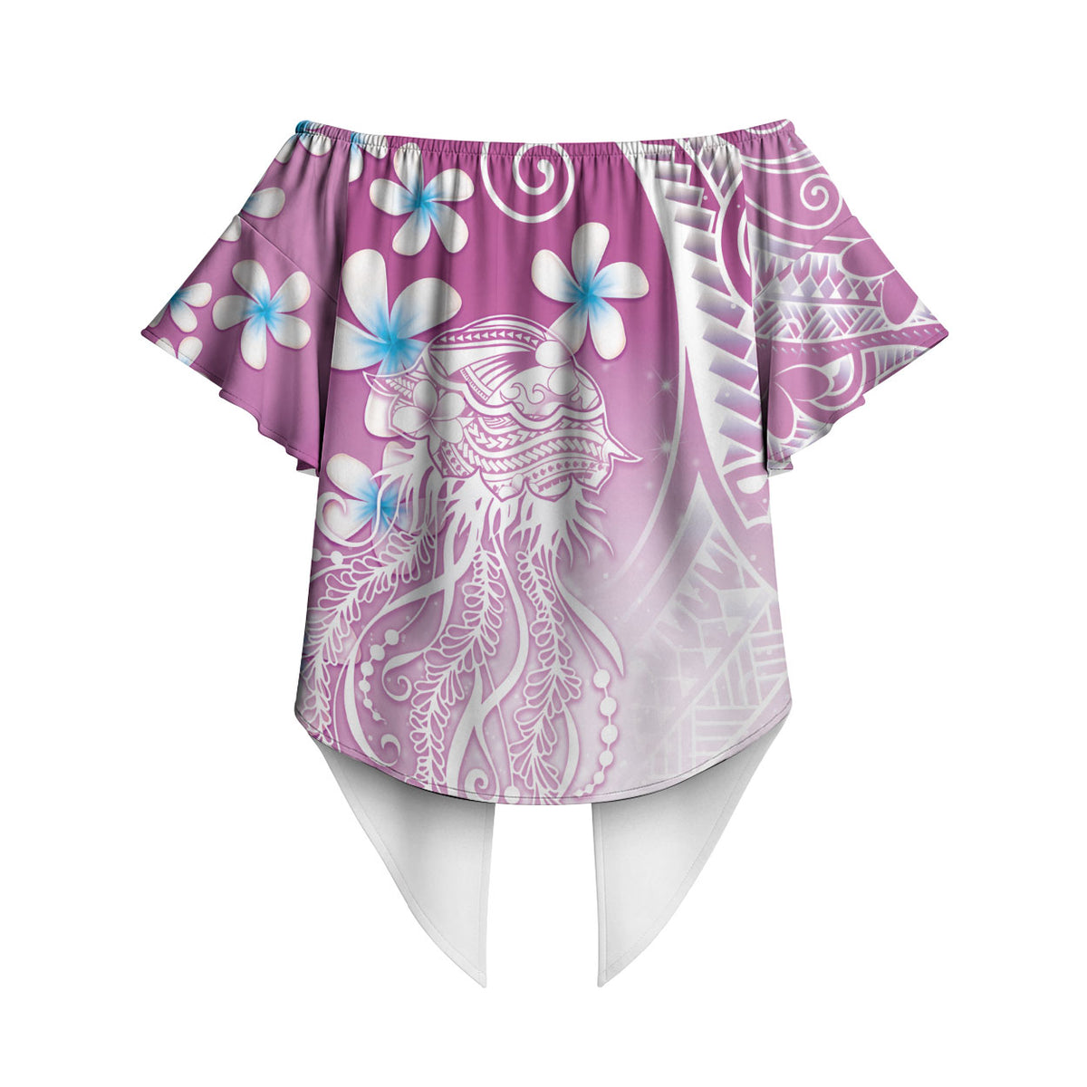 Polynesian Jellyfish Off Shoulder Wrap Waist Top With Plumeria Pink LT05 - Polynesian Pride
