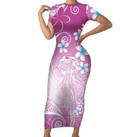 Polynesian Jellyfish Short Sleeve Bodycon Dress With Plumeria Pink