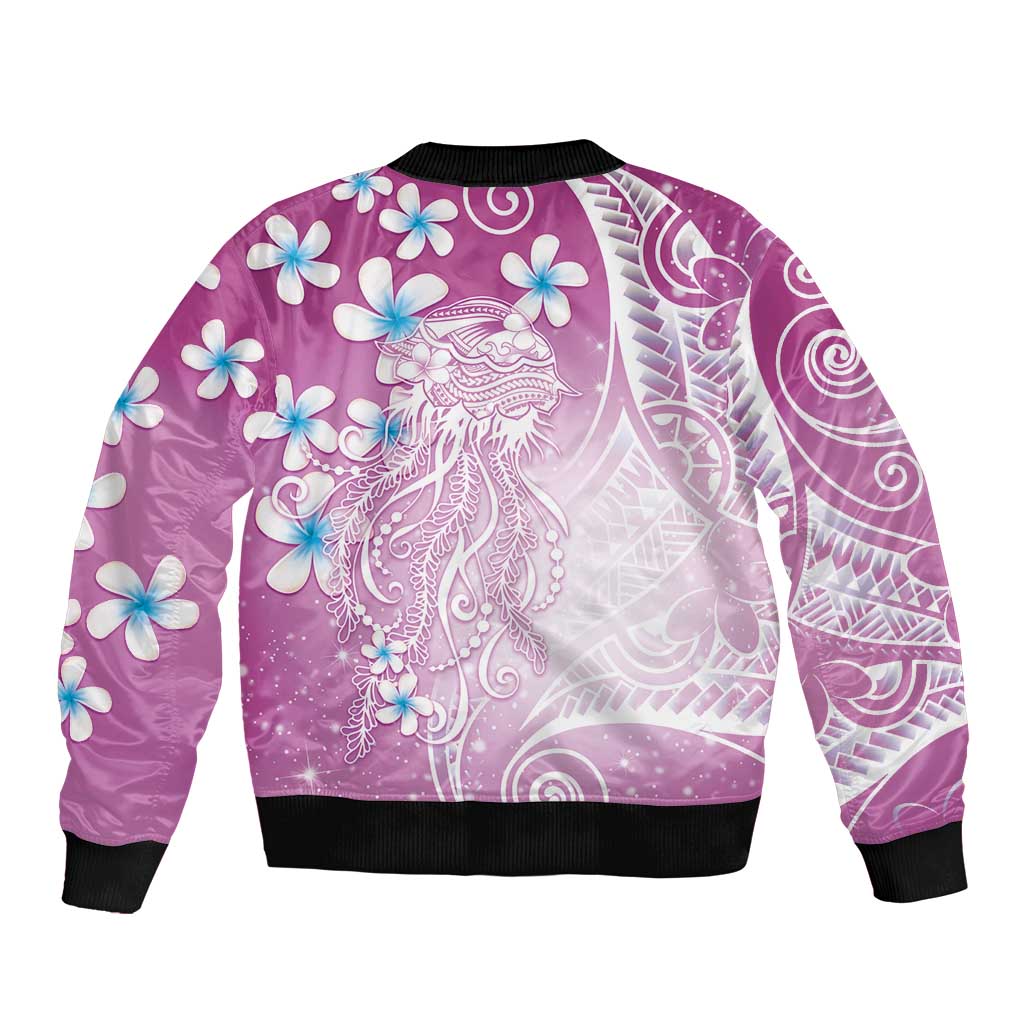 Polynesian Jellyfish Sleeve Zip Bomber Jacket With Plumeria Pink