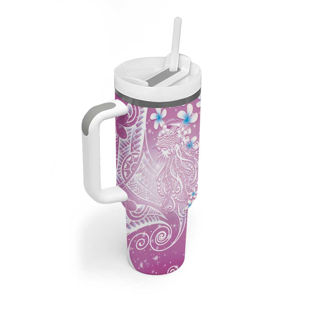 Polynesian Jellyfish Tumbler With Handle With Plumeria Pink