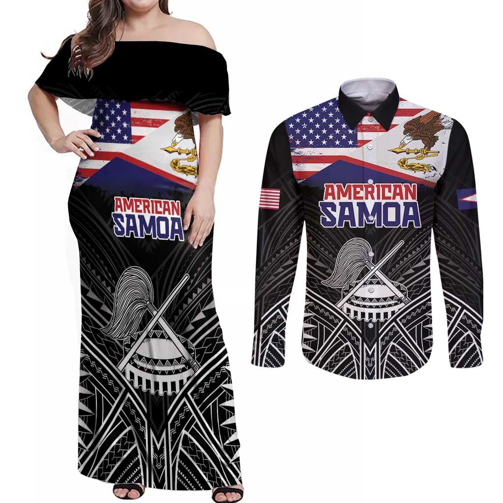 Personalised American Samoa Flag Day Couples Matching Off Shoulder Maxi Dress and Long Sleeve Button Shirt Bald Eagle With Polynesian Pattern LT05 Black - Polynesian Pride
