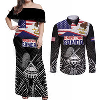 Personalised American Samoa Flag Day Couples Matching Off Shoulder Maxi Dress and Long Sleeve Button Shirt Bald Eagle With Polynesian Pattern LT05 Black - Polynesian Pride