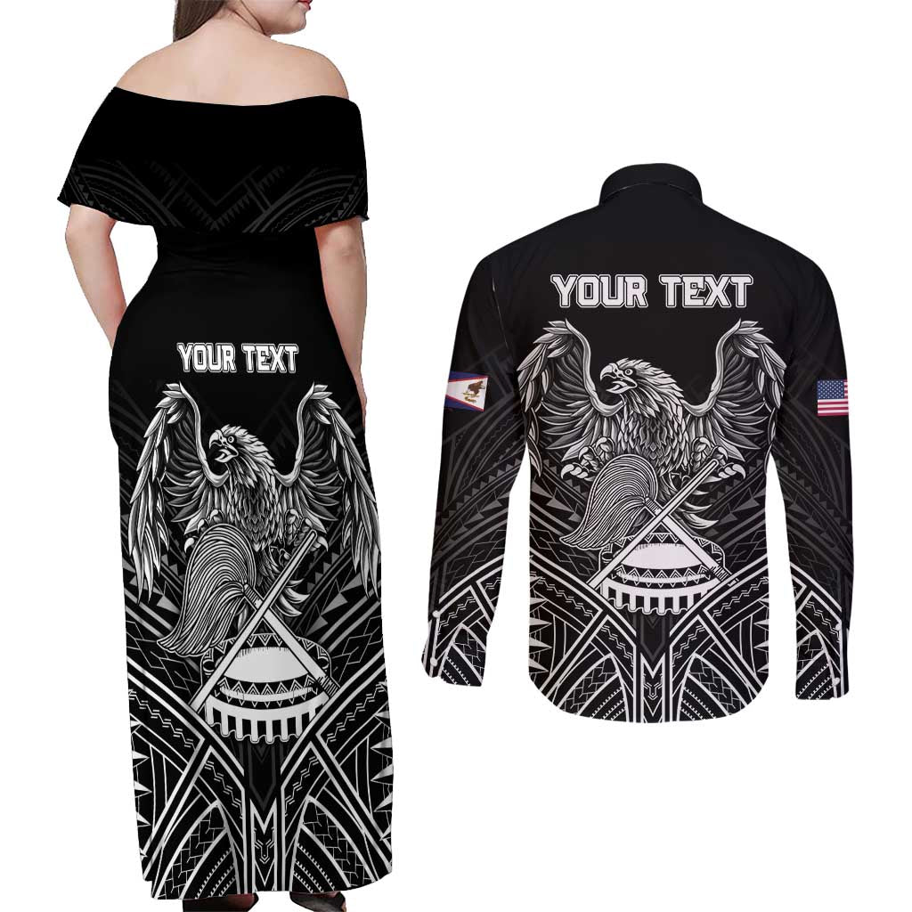 Personalised American Samoa Flag Day Couples Matching Off Shoulder Maxi Dress and Long Sleeve Button Shirt Bald Eagle With Polynesian Pattern LT05 - Polynesian Pride