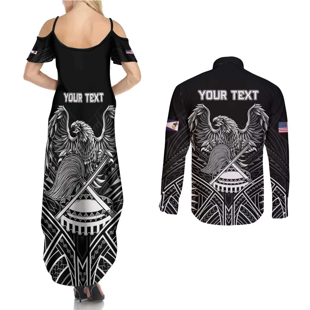American Samoa Flag Day Couples Matching Summer Maxi Dress and Long Sleeve Button Shirt Bald Eagle With Polynesian Pattern