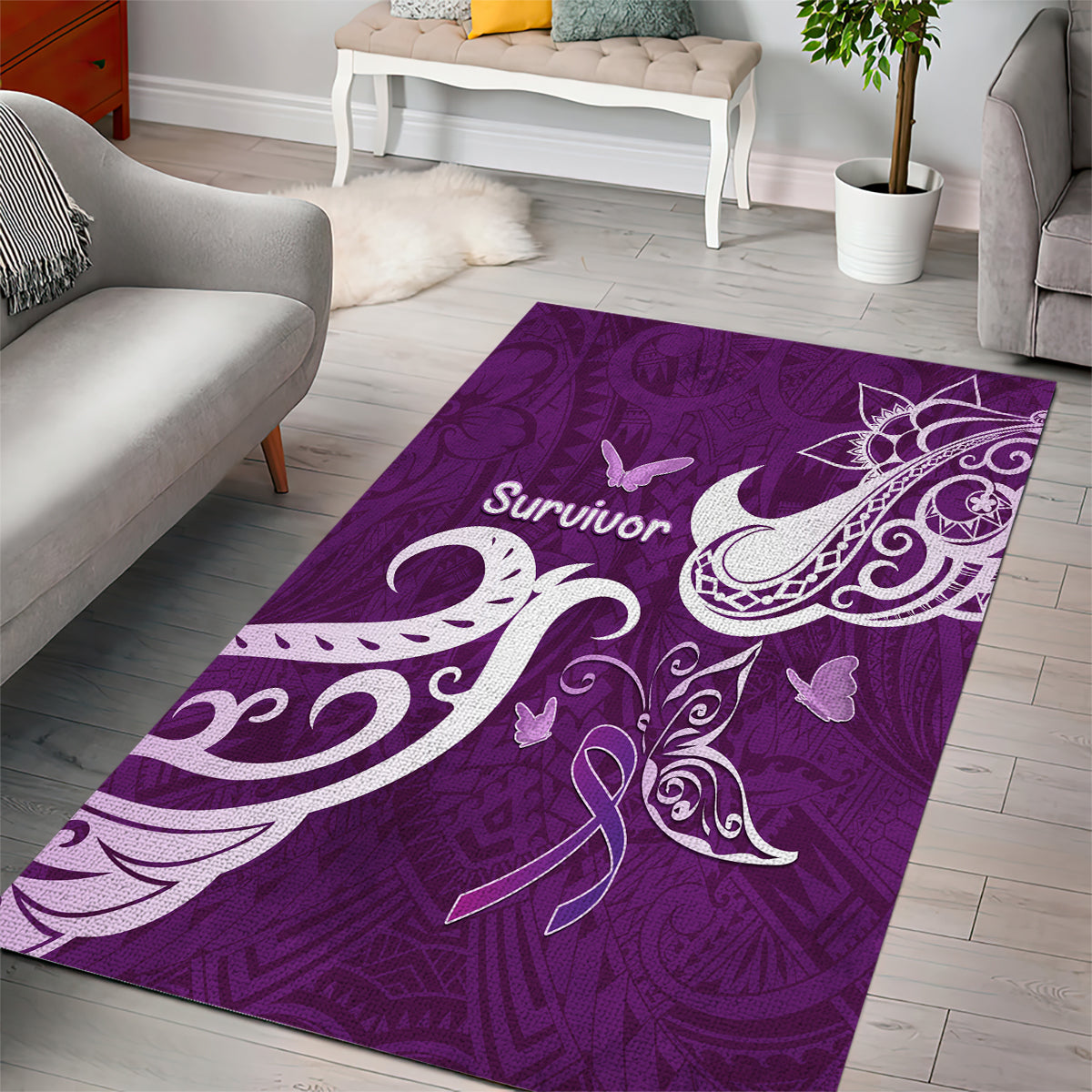 Fibromyalgia Awareness Area Rug Polynesian Purple Ribbon